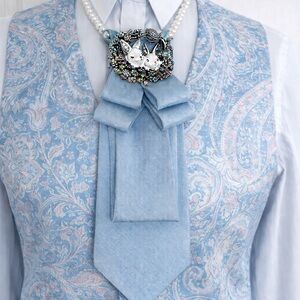 Magnificent Baby Blue Necktie Necklace with Spring Brooch & Pearl Necklace OOAK
